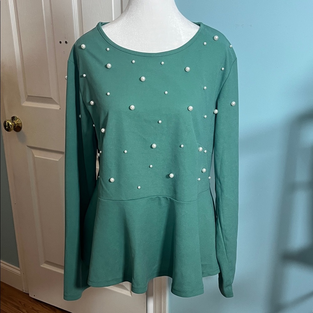 NWOT SHEIN Peplum Green Pearl-Embellished Women's Top Size 2XL Casual Stylish‎